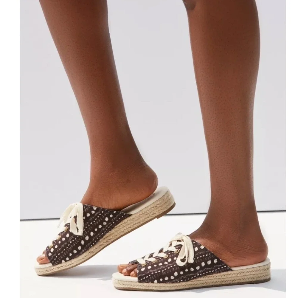 Urban Outfitters Block Print Lace Up Espadrille Sandals Mules Flats Shoes size 6